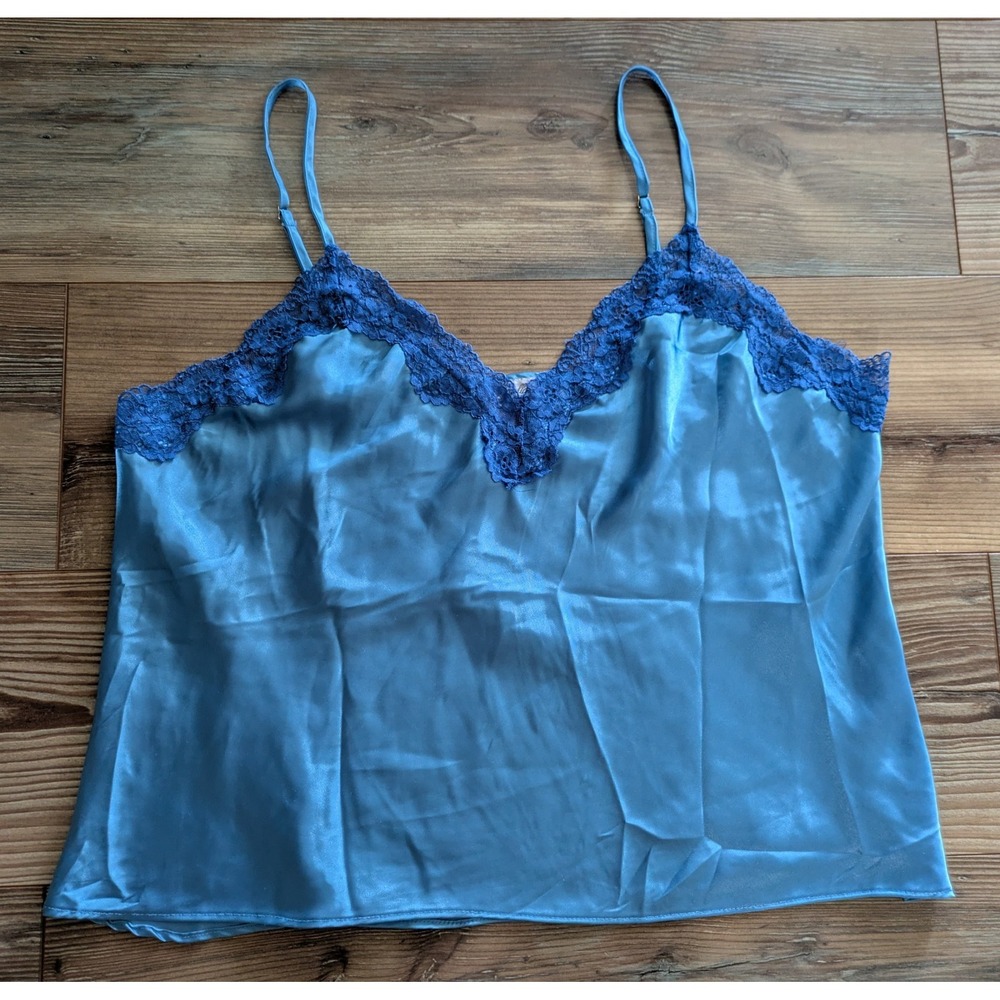 Linea Donatella Blue Lace Trim Satin Camisole Lingerie Tank Top XL
